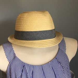 Brand New Straw Hat with Chambray Ribbon Detail